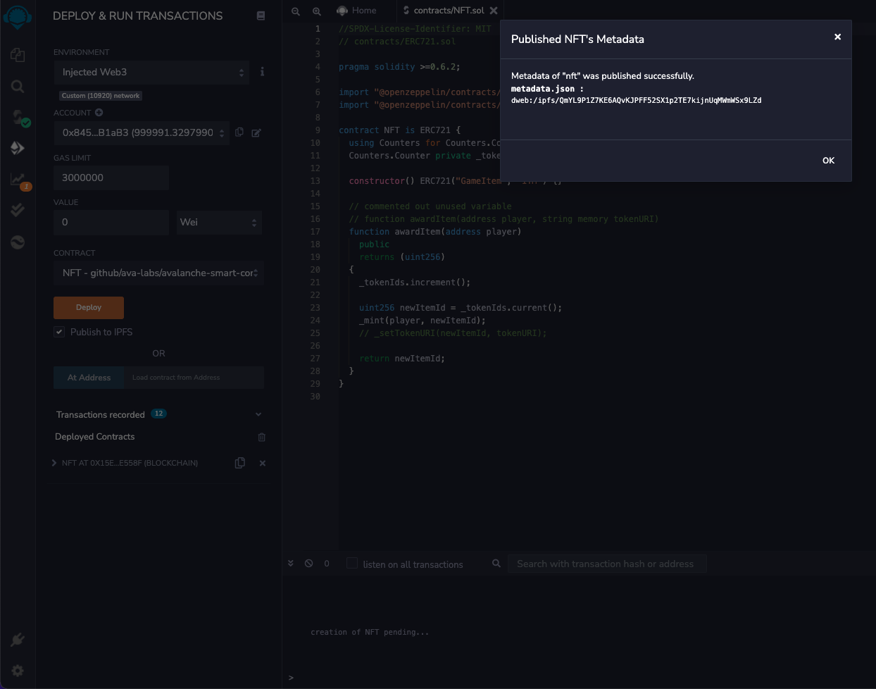 remix Lux L1 evm sc deployed